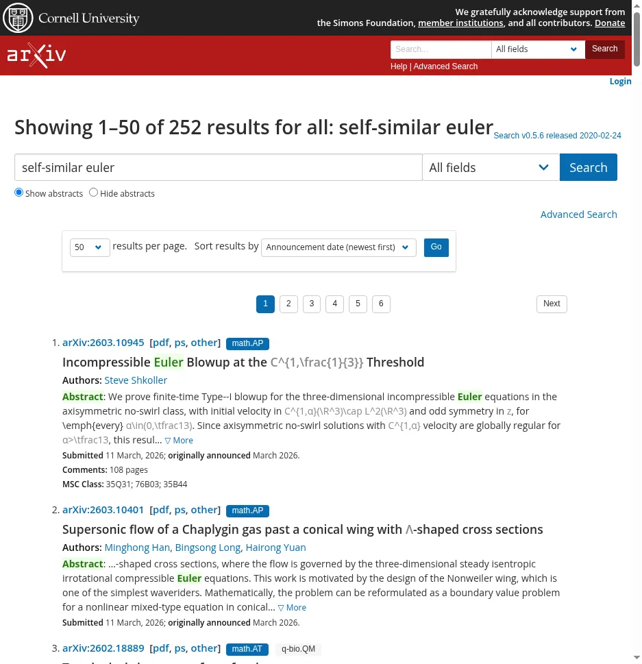 arXiv search results page showing mathematical preprints — the literature where answers wait