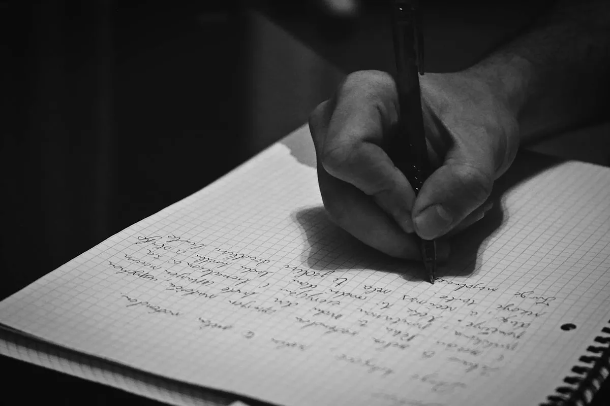 A hand writing in a notebook — the boundary between thinker and thought